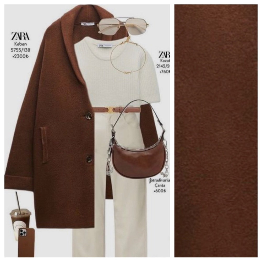 NWT. Zara Brown Wool Blend Turned Up Cuff Knit Coat. Size M. - Picture 4 of 10